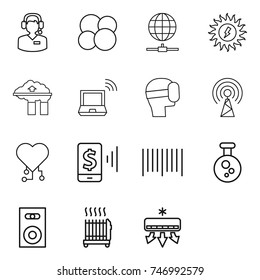 thin line icon set : call center, atom core, globe connect, sun power, factory filter, notebook wireless, virtual mask, antenna, cardio chip, mobile pay, bar code, chemical, speaker, radiator