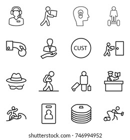 thin line icon set : call center, courier, bulb head, hoverboard, hand coin, client, customs, delivery, confidential, tourist, passenger, inspector, surfer, identity card, pancakes, vacuum cleaner