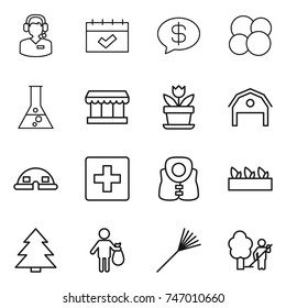 thin line icon set : call center, calendar, money message, atom core, flask, market, flower, barn, dome house, first aid, life vest, seedling, spruce, trash, rake, garden cleaning
