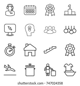 thin line icon set : call center, calendar, medal, pedestal, monitor arrow, bulb head, group, sale, stopwatch, home, stairs, arrival, pan, garbage bin, handle washing