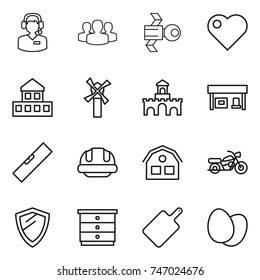 thin line icon set : call center, group, satellite, heart, cottage, windmill, fort, gas station, level, building helmet, house, motorcycle, shield, chest of drawers, cutting board, eggs