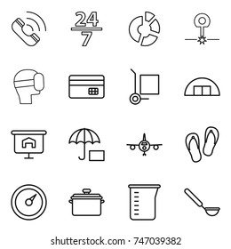 thin line icon set : call, 24 7, circle diagram, laser, virtual mask, credit card, cargo stoller, hangare, presentation, insurance, plane, flip flops, barometer, pan, measuring cup, ladle