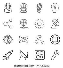 thin line icon set : call center, notebook globe, bulb, head, molecule, connect, gear, satellite antenna, sun power, eye identity, electric car, rocket, hob, wrench