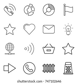 thin line icon set : call, circle diagram, flag, star, heart, mail, bulb, globe connect, wireless, remove from basket, right arrow, phone, radiator, grater