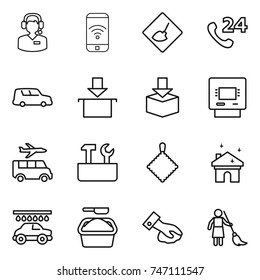 thin line icon set : call center, phone wireless, under construction, 24, car shipping, package, atm, transfer, repair tools, rag, house cleaning, wash, washing powder, wiping, brooming