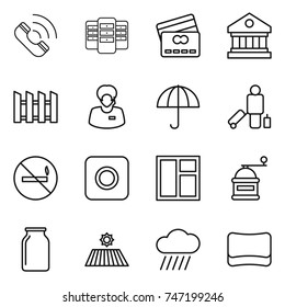 thin line icon set : call, server, credit card, library, fence, support manager, dry cargo, passenger, no smoking, ring button, window, hand mill, bank, field, rain cloud, sponge