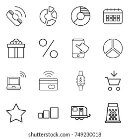 thin line icon set : call, circle diagram, calendar, gift, percent, touch, notebook wireless, tap to pay, smart watch, add cart, star, sorting, trailer, grater