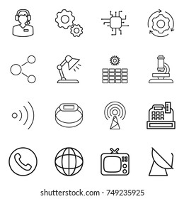 thin line icon set : call center, gear, chip, around, molecule, table lamp, sun power, microscope, wireless, smart bracelet, antenna, cashbox, phone, globe, tv, satellite
