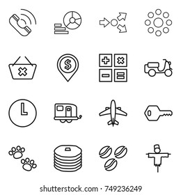 thin line icon set : call, diagram, core splitting, round around, delete cart, dollar pin, calculator, scooter shipping, clock, trailer, airplane, key, pets, pancakes, coffee seeds, scarecrow