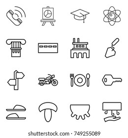 thin line icon set : call, presentation, graduate hat, atom, column, bunker, factory, construction, signpost, motorcycle, cafe, key, slippers, mushroom, udder, hand dryer
