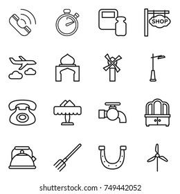 thin line icon set : call, stopwatch, scales weight, shop signboard, journey, minaret, windmill, outdoor light, phone, restaurant, water tap, dresser, kettle, fork, horseshoe