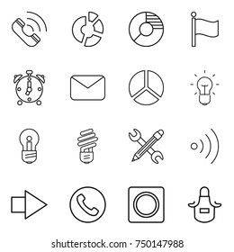 thin line icon set : call, circle diagram, flag, alarm clock, mail, bulb, pencil wrench, wireless, right arrow, phone, ring button, apron