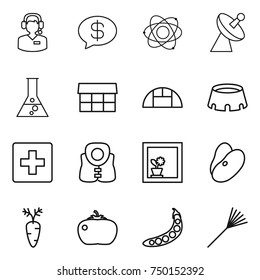 thin line icon set : call center, money message, atom, satellite antenna, flask, market, greenhouse, stadium, first aid, life vest, flower in window, beans, carrot, tomato, peas, rake