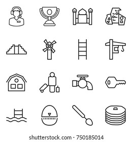 thin line icon set : call center, trophy, minaret, modern architecture, pyramid, windmill, stairs, tower crane, house, passenger, water tap, key, pool, egg timer, big spoon, pancakes