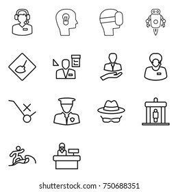 thin line icon set : call center, bulb head, virtual mask, jet robot, under construction, architector, client, support manager, do not trolley sign, security man, confidential, detector, surfer