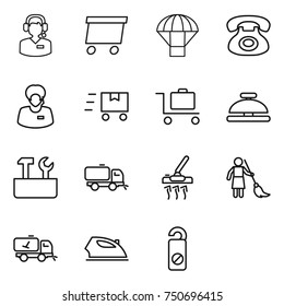 thin line icon set : call center, delivery, parachute, phone, support manager, fast deliver, baggage trolley, service bell, repair tools, sweeper, vacuum cleaner, brooming, home cleaning, iron