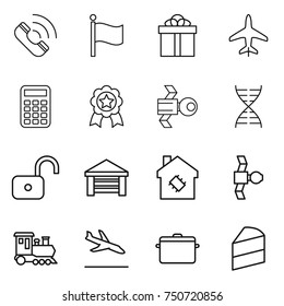 thin line icon set : call, flag, gift, plane, calculator, medal, satellite, dna, unlock, garage, smart house, train, arrival, pan, cake