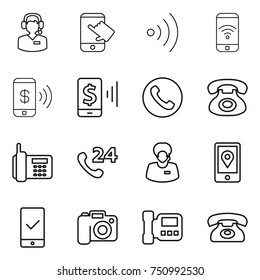 thin line icon set : call center, touch, wireless, phone, pay, mobile, 24, support manager, location, checking, camera, intercome
