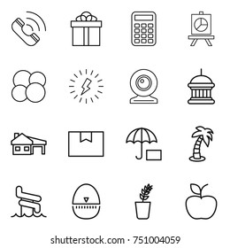 thin line icon set : call, gift, calculator, presentation, atom core, lightning, web cam, goverment house, with garage, package box, insurance, palm, aquapark, egg timer, seedling, apple