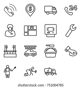thin line icon set : call, dollar pin, delivery, phone 24, support manager, consolidated cargo, atm, wrench, skysrcapers cleaning, car wash, washing powder, wiping, woman with duster, vacuum cleaner