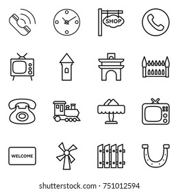 thin line icon set : call, clock, shop signboard, phone, tv, tower, arch, gothic architecture, train, restaurant, welcome mat, windmill, fence, horseshoe