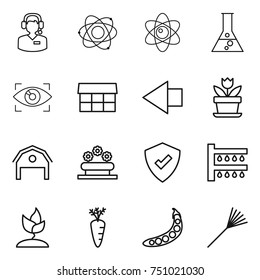 thin line icon set : call center, atom, flask, eye identity, market, left arrow, flower, barn, bed, protected, watering, sprouting, carrot, peas, rake