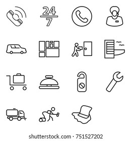 thin line icon set : call, 24 7, phone, support manager, car shipping, consolidated cargo, courier delivery, hotel, baggage trolley, service bell, do not distrub, wrench, sweeper, vacuum cleaner
