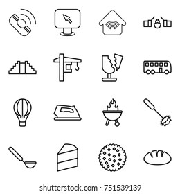 thin line icon set : call, monitor arrow, wireless home, drawbridge, pyramid, tower crane, broken, bus, air ballon, iron, bbq, whisk, ladle, cake, cookies, bread