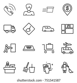 thin line icon set : call, woman, delivery, dollar pin, under construction, car shipping, consolidated cargo, courier, taxi, baggage trolley, transfer, reception, bucket and broom, wiping, brooming