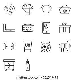 thin line icon set : call, parachute, hex molecule, add to basket, ruler, airport building, mobile location, hi quality package, vip fence, uv cream, disco ball, loudspeaker, nightstand