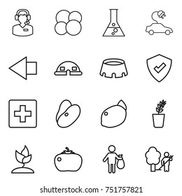 thin line icon set : call center, atom core, flask, electric car, left arrow, dome house, stadium, protected, first aid, beans, lemon, seedling, sprouting, tomato, trash, garden cleaning