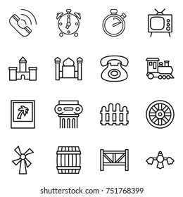 thin line icon set : call, alarm clock, stopwatch, tv, castle, minaret, phone, train, photo, antique column, fence, wheel, windmill, barrel, farm, hard reach place cleaning