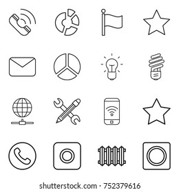 thin line icon set : call, circle diagram, flag, star, mail, bulb, globe connect, pencil wrench, phone wireless, ring button, radiator