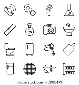 thin line icon set : call, gear, bulb, flask, level, chemical, camera, sink, toilet, fridge, mixer, cutting board, sieve, plow, watering