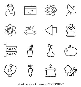 thin line icon set : call center, calendar, atom, satellite antenna, eco car, left arrow, flower, watering, seedling, pear, tomato, garden, carrot, hanger, cleaning