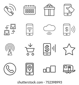 thin line icon set : call, calendar, gift, touch, notebook connect, phone wireless, cloud, pay, antenna, add to cart, mobile, star, location, sorting, trailer