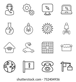 thin line icon set : call center, gear, monitor arrow, notebook, round flask, rocket, sun power, hoverboard, wireless home, electric car, cpu, electrostatic, globe, important flag, phone, loading