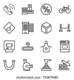 thin line icon set : call, store, percent, bike, under construction, houses, 3d, vip fence, atm, hanger, apron, oven, horseshoe, water pump, plunger, construct garbage