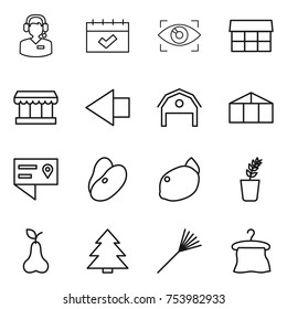 thin line icon set : call center, calendar, eye identity, market, left arrow, barn, greenhouse, location details, beans, lemon, seedling, pear, spruce, rake, hanger
