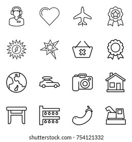 thin line icon set : call center, heart, plane, medal, sun power, bang, delete cart, earth, car baggage, camera, home, stool, watering, eggplant, harvester
