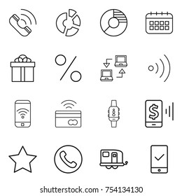 thin line icon set : call, circle diagram, calendar, gift, percent, notebook connect, wireless, phone, tap to pay, smart watch, mobile, star, trailer, checking