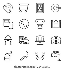thin line icon set : call, delivery, abacus, cell corection, scales weight, phone, column, minaret, train, dresser, fence, hand mill, sickle, horseshoe, water tap