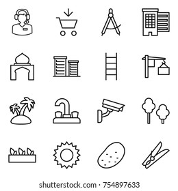 thin line icon set : call center, add to cart, draw compass, houses, minaret, district, stairs, loading, island, water tap, surveillance camera, trees, seedling, sun, potato, clothespin