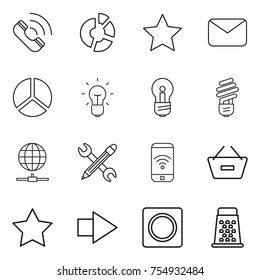 thin line icon set : call, circle diagram, star, mail, bulb, globe connect, pencil wrench, phone wireless, remove from basket, right arrow, ring button, grater