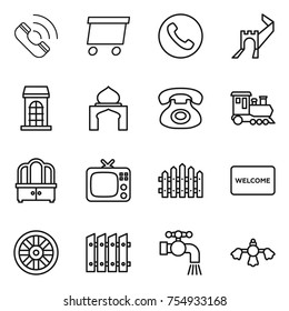 thin line icon set : call, delivery, phone, greate wall, building, minaret, train, dresser, tv, fence, welcome mat, wheel, water tap, hard reach place cleaning