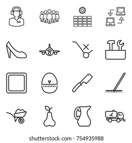 thin line icon set : call center, team, sun power, notebook connect, shoes, plane, do not trolley sign, repair tools, cutting board, egg timer, chef knife, rake, wheelbarrow, pear, jug