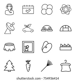 thin line icon set : call center, calendar, atom core, satellite antenna, eco car, dome house, greenhouse, stadium, flower in window, beans, seedling, spruce, carrot, rake, hanger