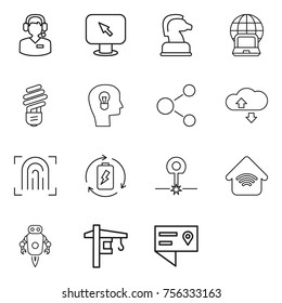 Thin line icon set : call center, monitor arrow, chess horse, notebook globe, bulb, head, molecule, cloude service, fingerprint, battery charge, laser, wireless home, jet robot, tower crane