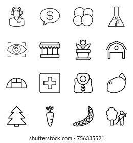 Thin line icon set : call center, money message, atom core, flask, eye identity, market, flower, barn, greenhouse, first aid, life vest, lemon, spruce, carrot, peas, garden cleaning