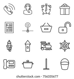 Thin line icon set : call, center, alarm clock, gift, abacus, laser, remove from basket, unlock, spark plug, tower, train, handwheel, intercome, pan, rake, bucket